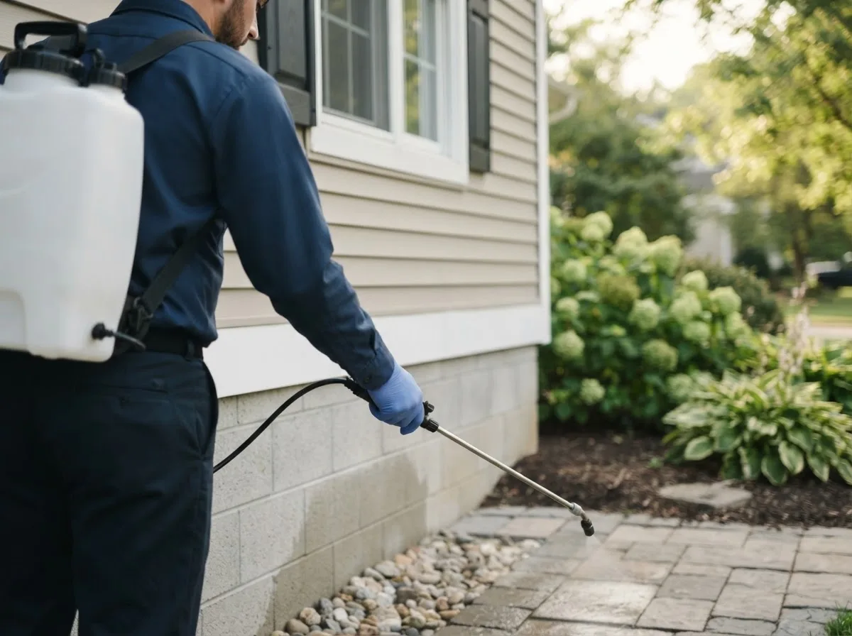 Pest control technician inspecting a home in Wallace, NC